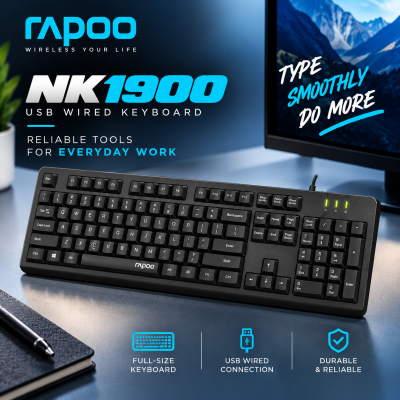 Rapoo NK1900 USB Wired Keyboard (Black) – Full-Size Layout with Palm Rest, Spill-Resistant Design, Multimedia Hotkeys & 2-Year Warranty